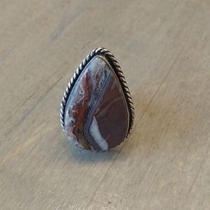 Sterling silver plated teardrop ring crazy lace agate